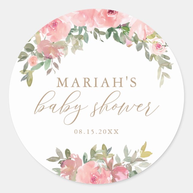 Sticker Rond Baby shower de verdure fleurie rose vif (Devant)