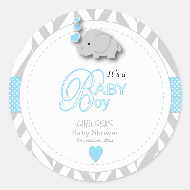 Sticker Rond Baby shower d'éléphant bleu, gris blanc (Devant)