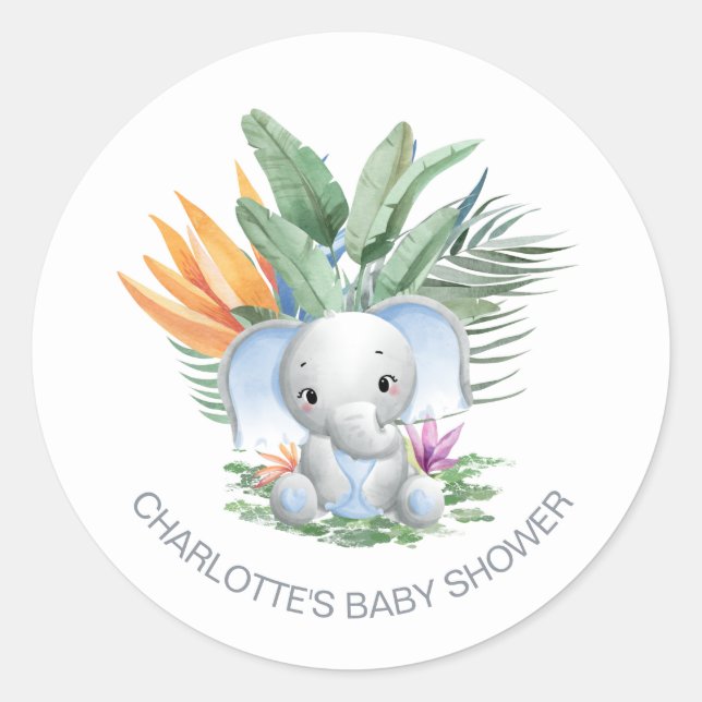 Sticker Rond Baby shower d'éléphant de bébé bleu tropical (Devant)