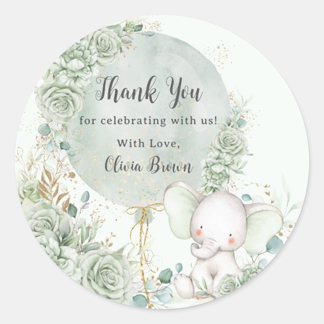 Sticker Rond Baby shower d'éléphant floral vert Sage (Devant)