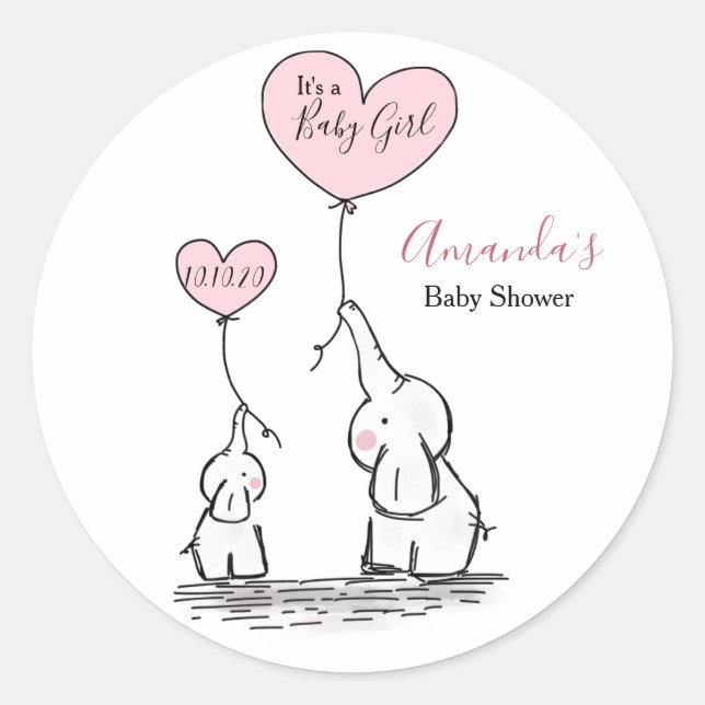 Sticker Rond Baby shower d'éléphant rose, gris blanc (Devant)