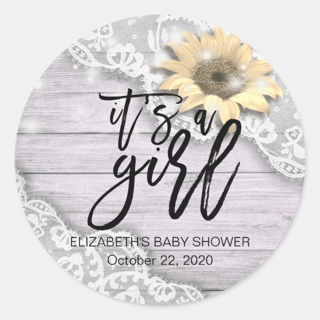 Sticker Rond Baby shower dentelle tournesol grange bois String  (Devant)