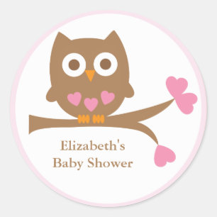 Sticker Rond Baby shower d'enveloppe de Chouette rose