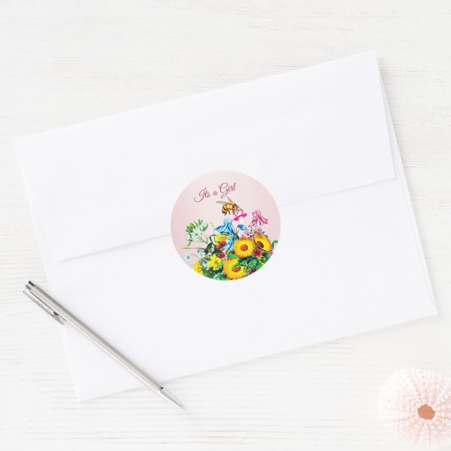 Sticker Rond Baby shower des abeilles Pink Floral Pacifier (Enveloppe)