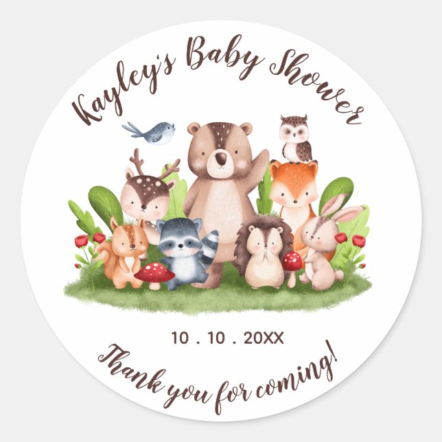 Sticker Rond Baby shower des animaux de bois Favoriser les auto (Devant)