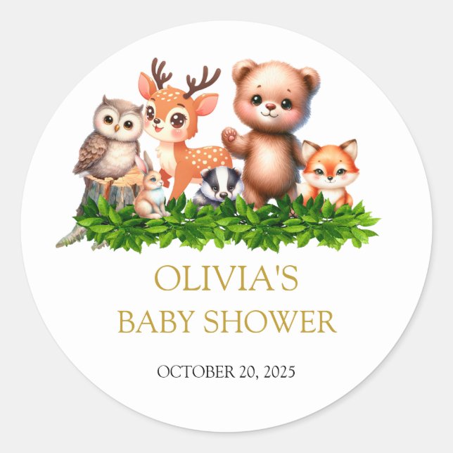 Sticker Rond Baby shower des animaux forestiers (Devant)