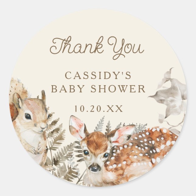 Sticker Rond Baby shower des animaux forestiers de bois Merci (Devant)