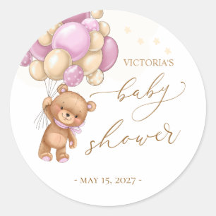 Sticker Rond Baby shower des ballons roses de l'ours en peluche