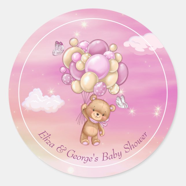 Sticker Rond Baby shower des ballons roses de l'ours en peluche (Devant)