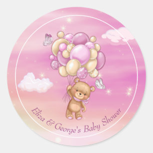 Sticker Rond Baby shower des ballons roses de l'ours en peluche