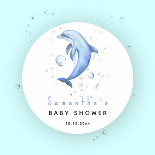 Sticker Rond Baby shower des dauphins océaniques aquarelles