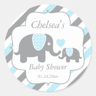 Sticker Rond Baby shower des éléphants blancs, bleus et gris