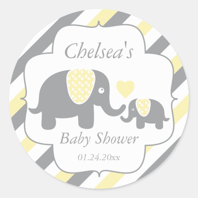 Sticker Rond Baby shower des éléphants blancs, jaunes et gris (Devant)