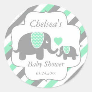 Sticker Rond Baby shower des éléphants blancs, verts et gris