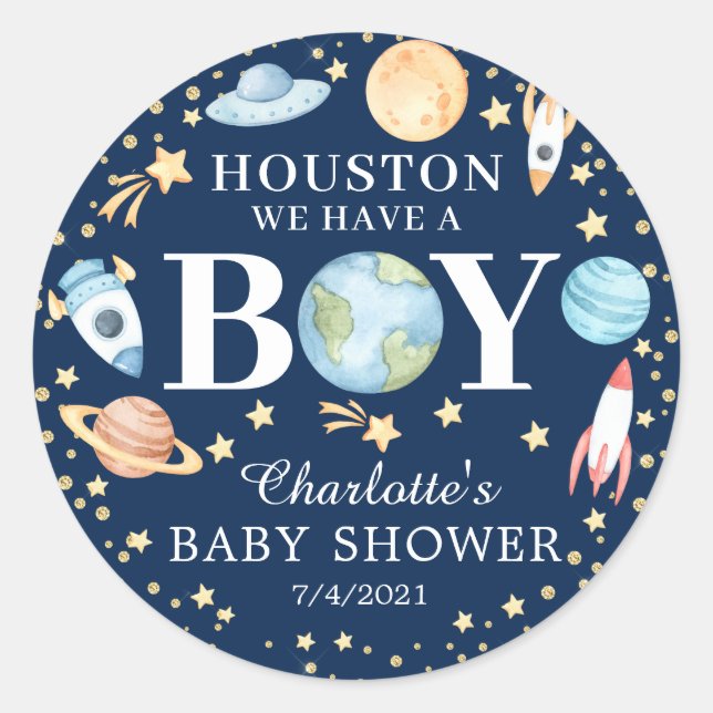 Sticker Rond Baby shower des garçons de l'espace extra-atmosphé (Devant)