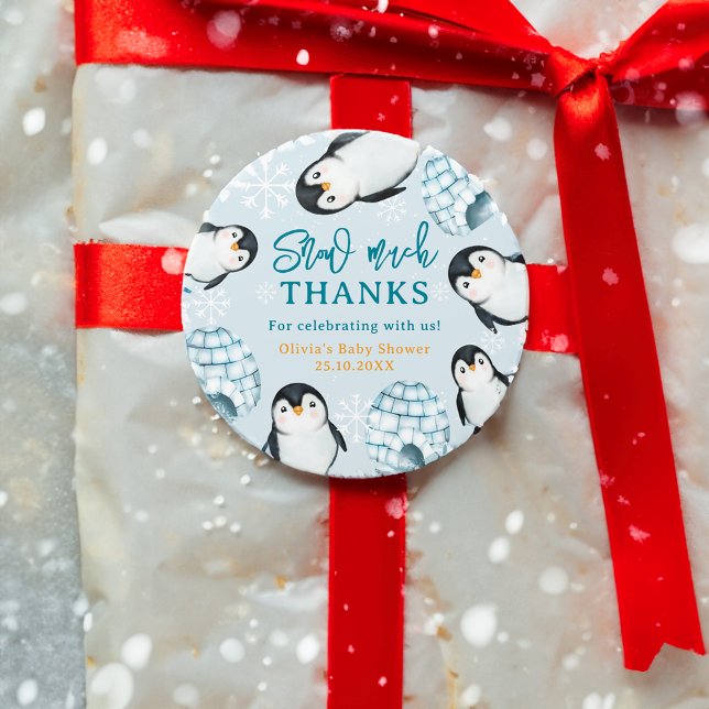 Sticker Rond Baby shower des neiges de pingouins d'hiver merci (Winter penguin igloos snow baby shower thank you classic round sticker)