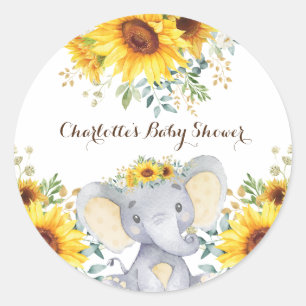 Sticker Rond Baby shower d'été de l'éléphant de tournesol