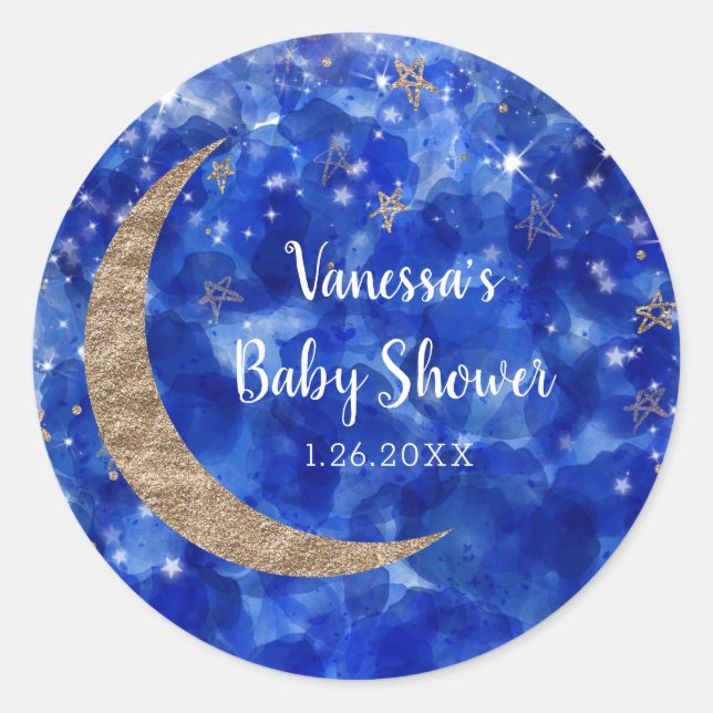 Sticker Rond Baby shower d'étoiles en bronze bleu Whimsical (Devant)