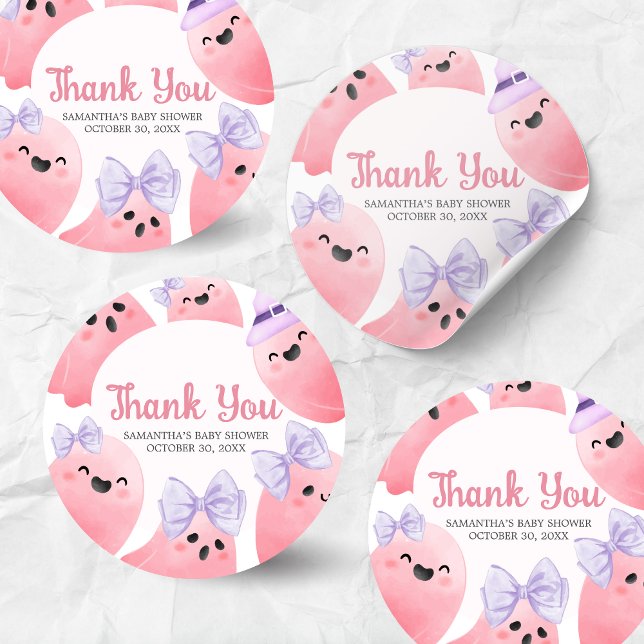 Sticker Rond Baby shower d'Halloween de Little Boo rose (Girl Little Boo Halloween Baby Shower Sticker)