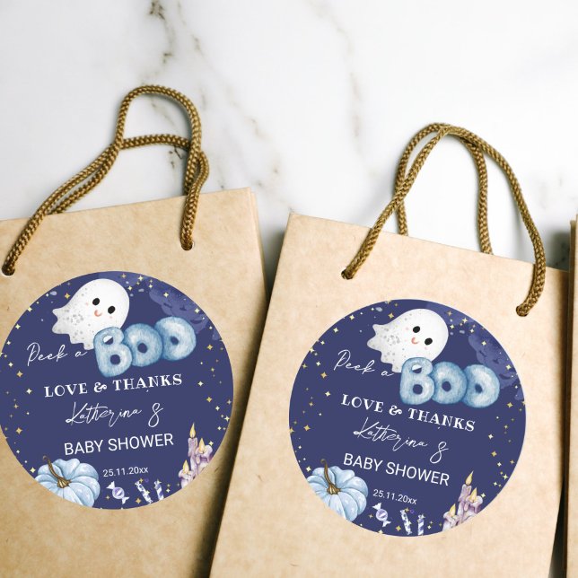 Sticker Rond Baby shower d'Halloween regarder un garçon mignon  (Halloween baby shower favor gift stickers peek a boo cute baby ghost thank you favor stickers)