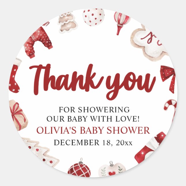 Sticker Rond Baby shower d'hiver de Noël rouge pâle (Devant)