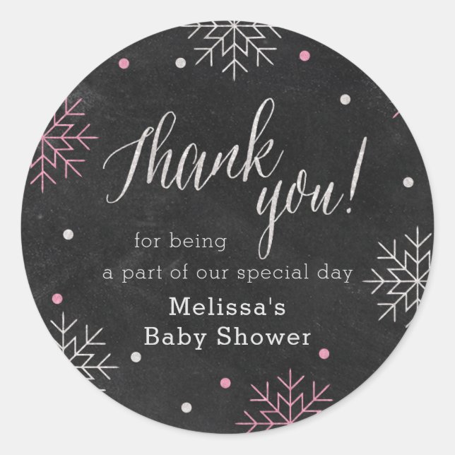 Sticker Rond Baby shower d'hiver Merci de tableau rose (Devant)
