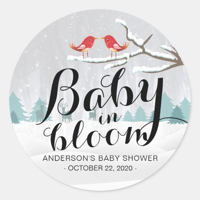 Sticker Rond Baby shower d'hiver moderne bébé en fleurs scène d (Devant)