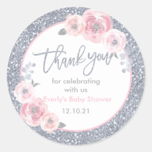 Sticker Rond Baby shower d'hiver Rose et Silver Snowflake Favor