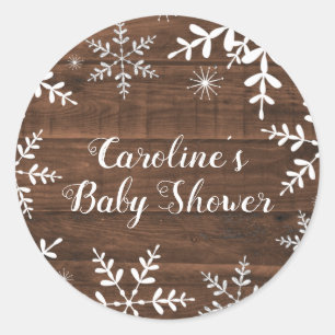 Sticker Rond Baby shower d'hiver rustique Snowflakes