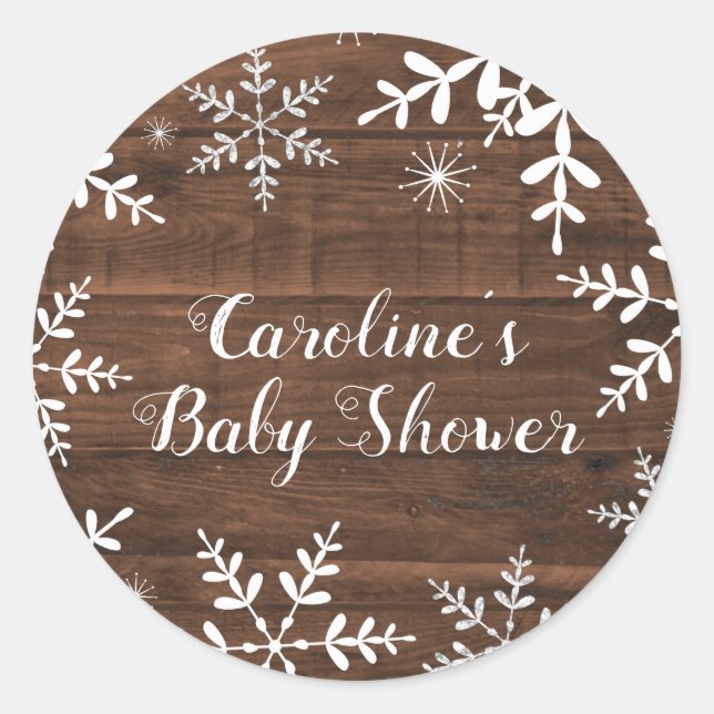 Sticker Rond Baby shower d'hiver rustique Snowflakes (Devant)