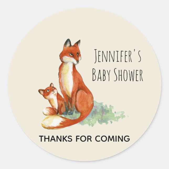 Sticker Rond Baby shower d'illustration d'aquarelle Fox et Baby (Devant)