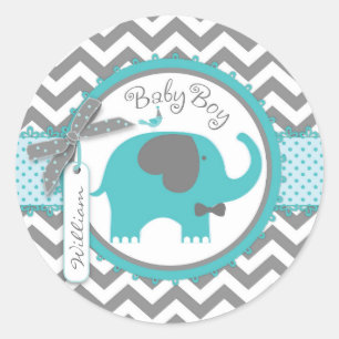 Sticker Rond Baby shower d'impression Chevron turquoise Elephan