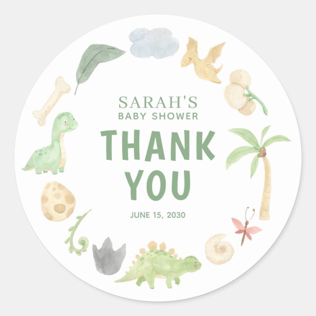 Sticker Rond Baby shower Dinosaur Vert Merci Aquarelle (Devant)