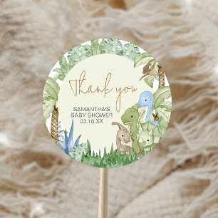 Sticker Rond Baby Shower Dinosaure dans la verdure 