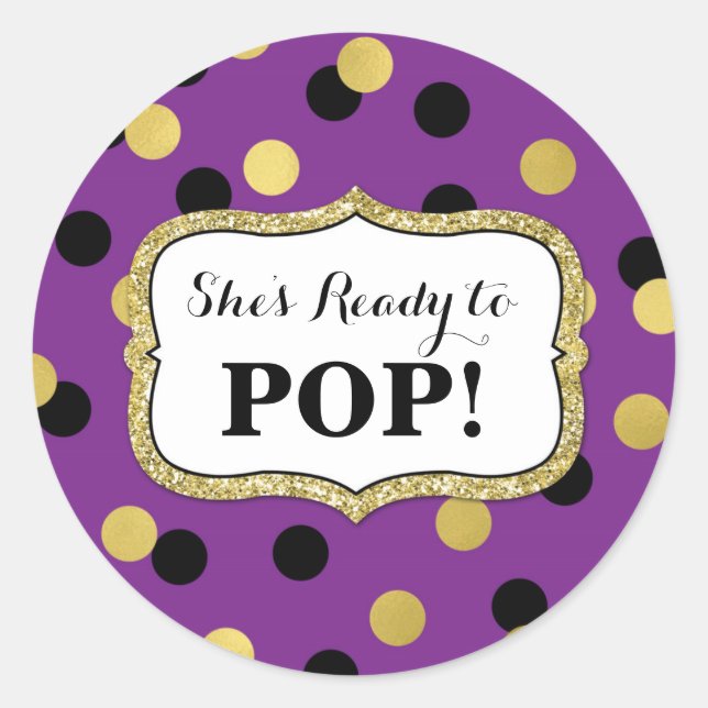 Sticker Rond Baby shower d'or noir violet prêt à la pop (Devant)
