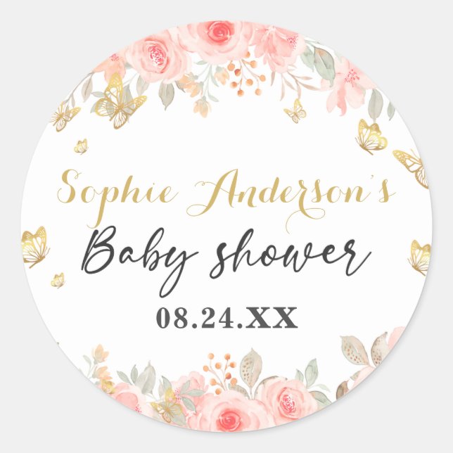 Sticker Rond Baby shower d'or rose rose rose rose florale (Devant)