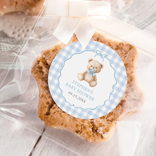 Sticker Rond Baby shower d'ours en En vichy bleu (Créateur téléchargé)