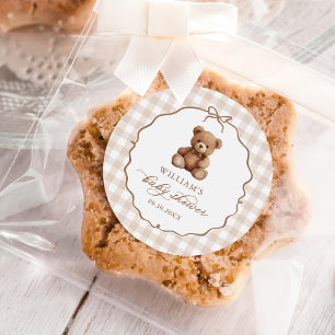 Sticker Rond Baby shower d'ours en peluche En vichy neutre