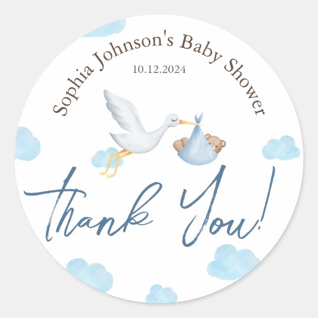 Sticker Rond Baby shower d'ours, Livraison de la cigogne, Garço (Devant)