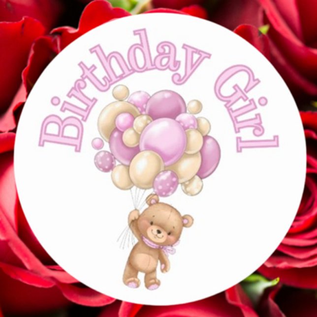 Sticker Rond Baby shower d'ours pour fille d'anniversaire (Celebrate your baby shower with our adorable Birthday Girl Bear classic round sticker.)
