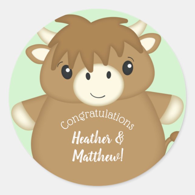Sticker Rond Baby shower écossais Highland Cow (Devant)