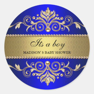 Sticker Rond Baby shower élégant bleu de Flourish d'or son un