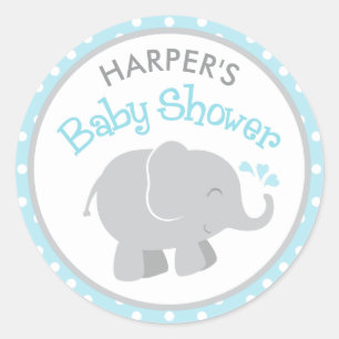 Sticker Rond Baby Shower Éléphant Bleu Ciel et Gris