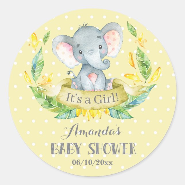 Sticker Rond Baby Shower Eléphant Fille Jaune et Gris (Devant)
