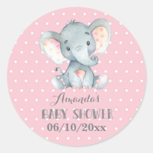 Sticker Rond Baby Shower Eléphant Fille Rose et Gris