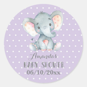 Sticker Rond Baby shower Eléphant fille violet et gris