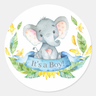 Sticker Rond Baby Shower Éléphant Garçon Bleu