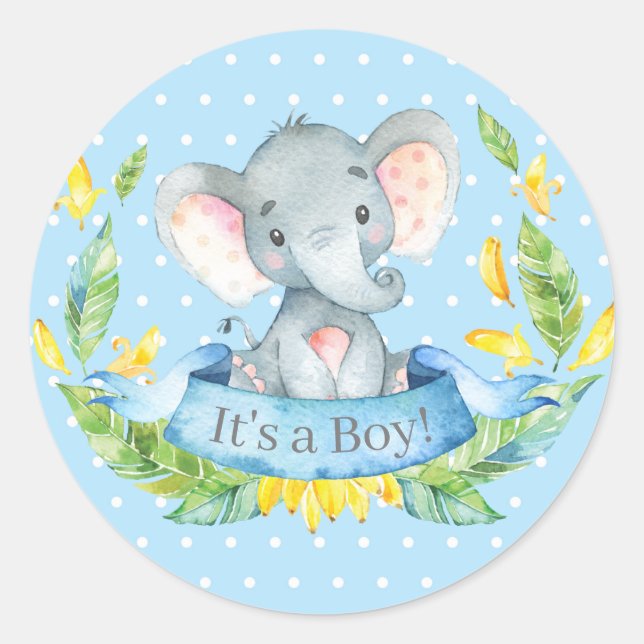 Sticker Rond Baby shower éléphant garçon bleu (Devant)
