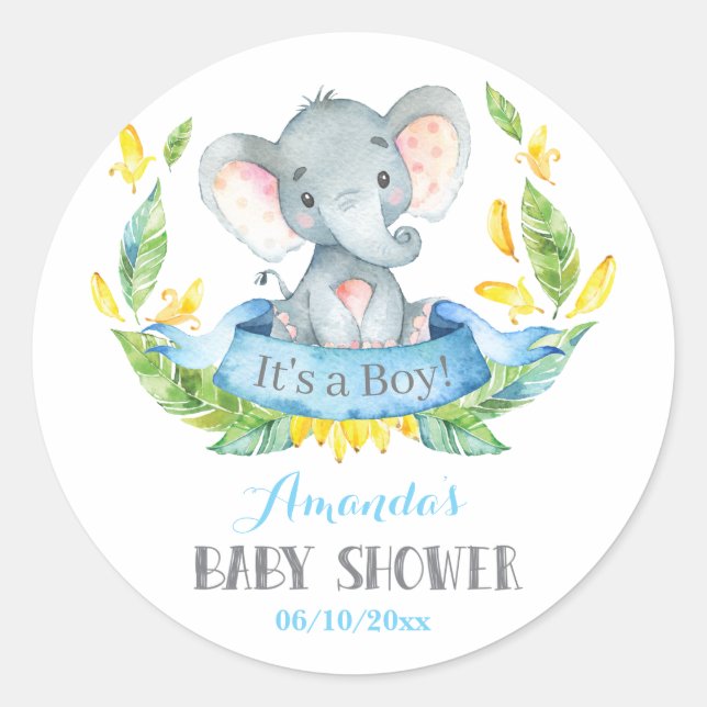 Sticker Rond Baby shower éléphant garçon bleu et gris (Devant)