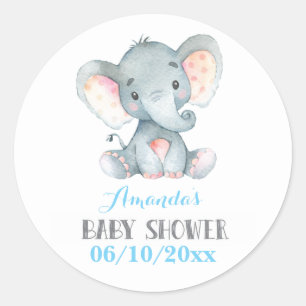 Sticker Rond Baby shower éléphant garçon bleu et gris